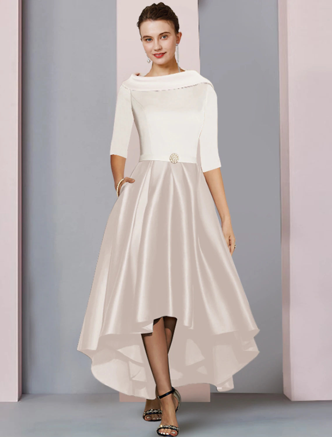 Wholesale  A-Line Mother of the Bride Dress Wedding Guest Elegant High Low Scoop Neck Asymmetrical Tea Length Satin Half Sleeve with Pleats